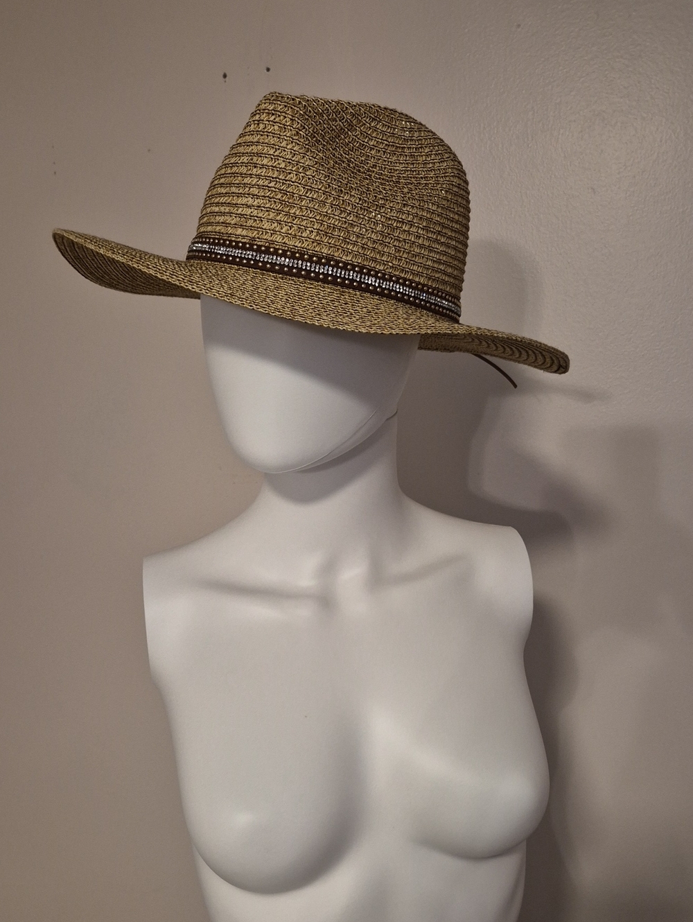 Women’s Straw Fedora Hat in Natural with Beaded Band